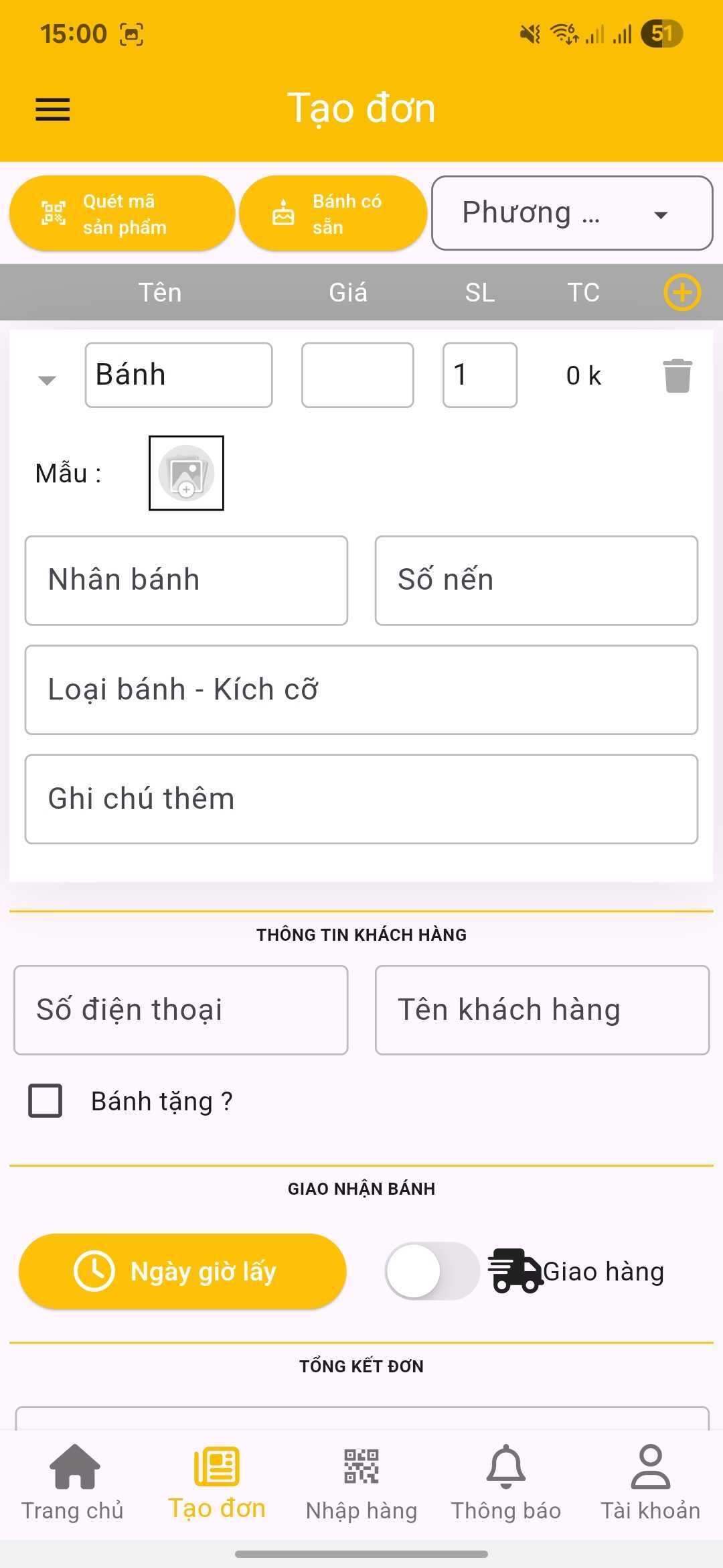 Màn hình tạo đơn hàng