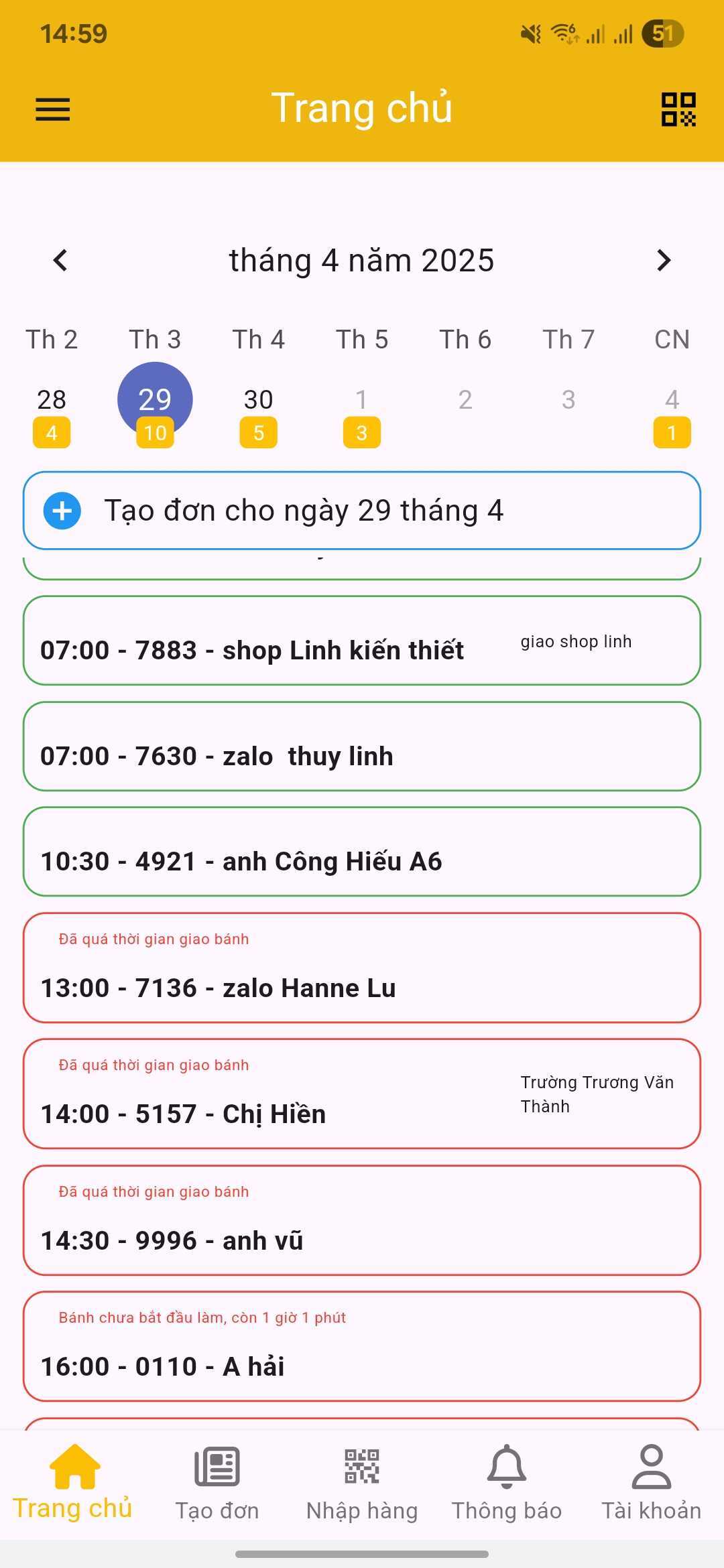 Màn hình quản lý đơn hàng